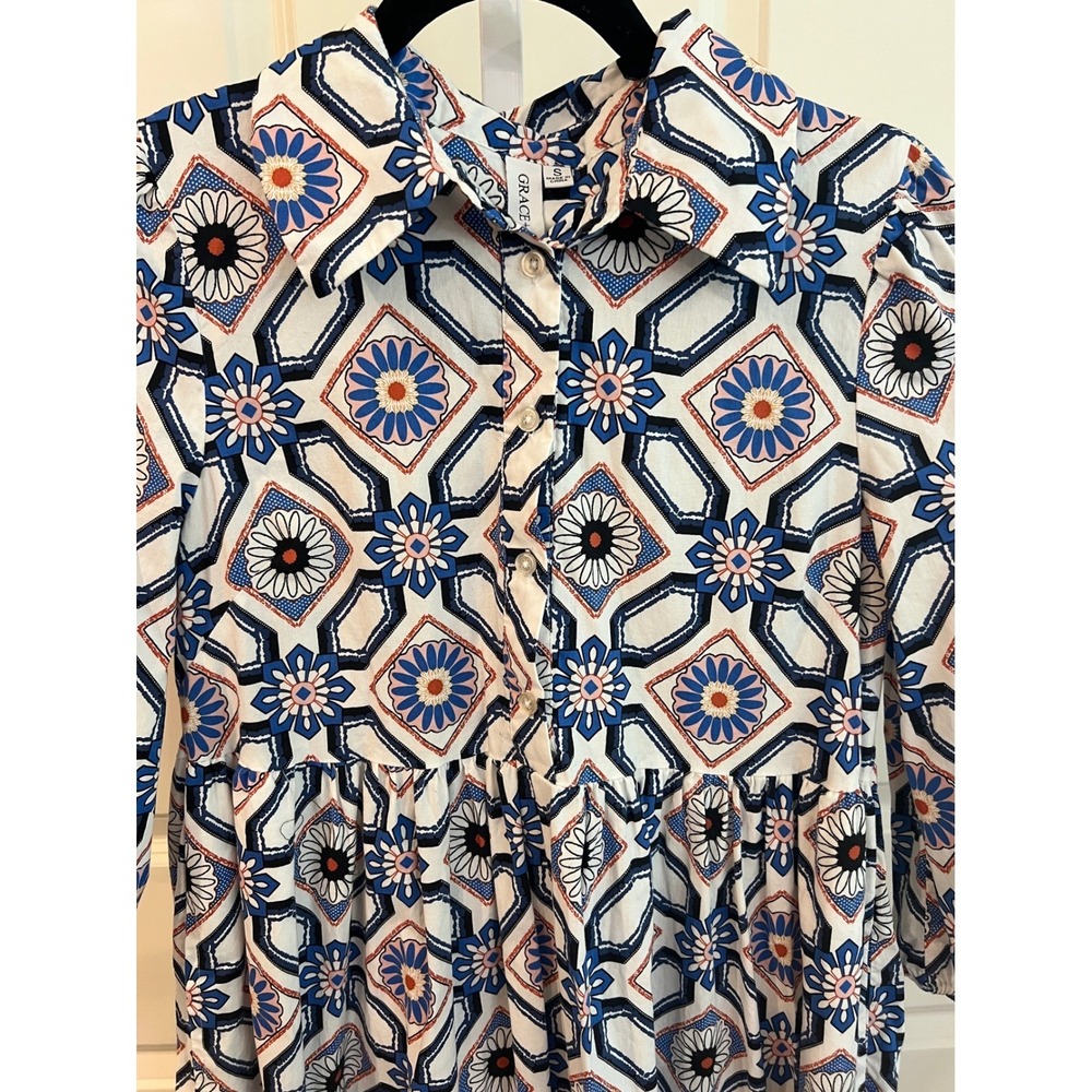 Grace + Karma Womens Blue Geometric Floral Tiered Midi Button Down Dress Small - Picture 3 of 6